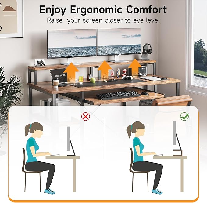 VERMESS 48Inch Computer Desk, Home Office Desks with Keyboard Tray, Gaming Desk with CPU Stand Shelf,Industrial Study Table Wide Writing Desk with Storage Shelves for 2 Monitors, Rustic Brown