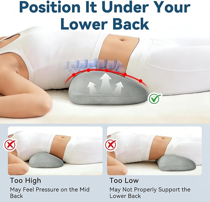 Adjustable Height Lumbar Support Pillow for Sleeping, Ergonomic Contour Lower Back Pillow for Bed with Breathable Washable Cover, Spine Alignment & Sleep Comfort, Grey