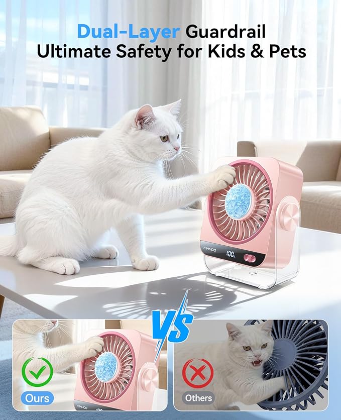 KIMMOO USB Desk Fan for Bedroom, 199 Speeds Turbo Airflow, Portable Fan with Ice Cooling, Digital Display Quiet Table Fan, 270° Rotating Small Rechargeable Battery Desktop Fans for Home Office (Pink)