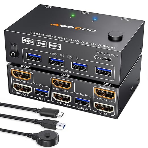 Dual Monitor HDMI KVM Switch 2PC 4K@60Hz Simulation EDID,HDMI USB 3.0 Switch Extended Display 2 Monitors 2 Computers with USB 3.0 Cables and Wired Controller