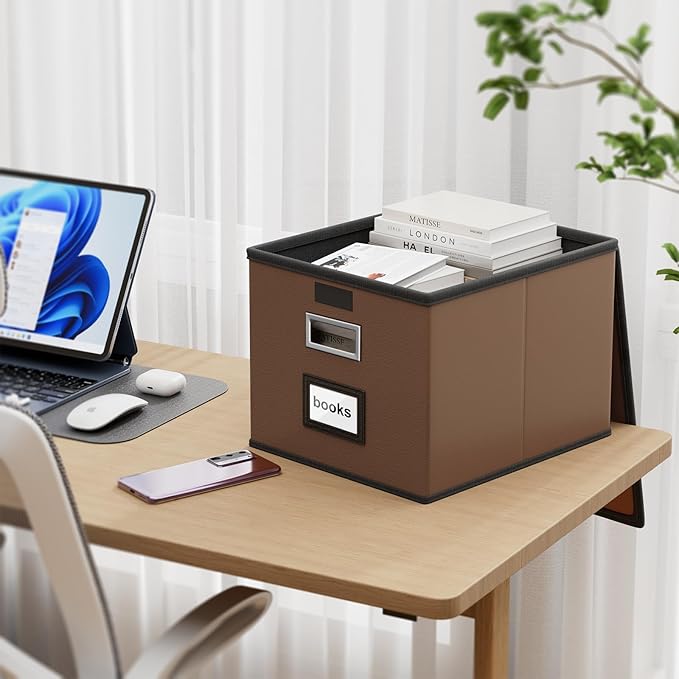 File Organizer Box with Lid, Collapsible Leather File Folder Organizer for Office Document Storage, Filing Box with Plastic Slide for Letter/Legal Size Hanging Files, Dark Brown, 4 pack