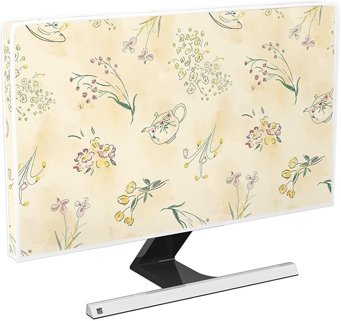 Orange Cottagecore Floral Waterproof 22, 23, 24, 25 Inch Anti-Static Dustproof LCD/LED/HD Teapot Botanical Desgin Monitor Accessories Laptop TV LCD Screen Monitor Decoration for Tablet
