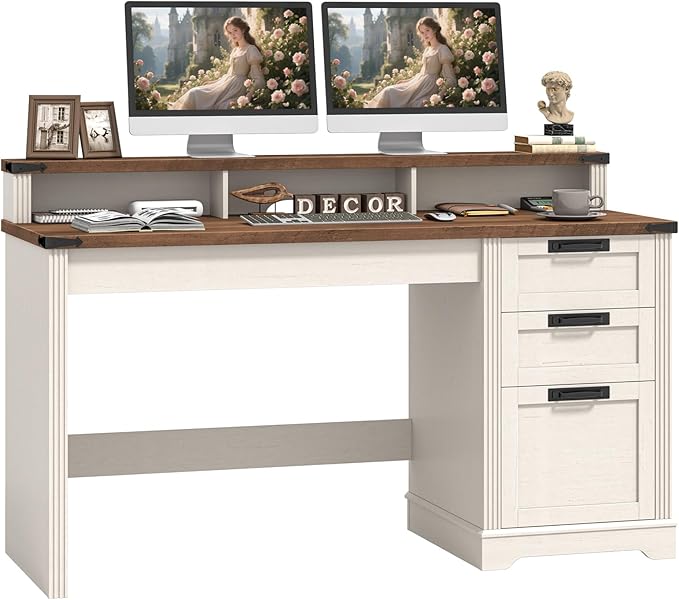 Vabches 55" Farmhouse Executive Desk with 3 Drawers, Wooden Computer Desk with Keyboard Tray, Home Office Desk with File Drawer (Fits A4 Size) for Work and Study, White and Brown