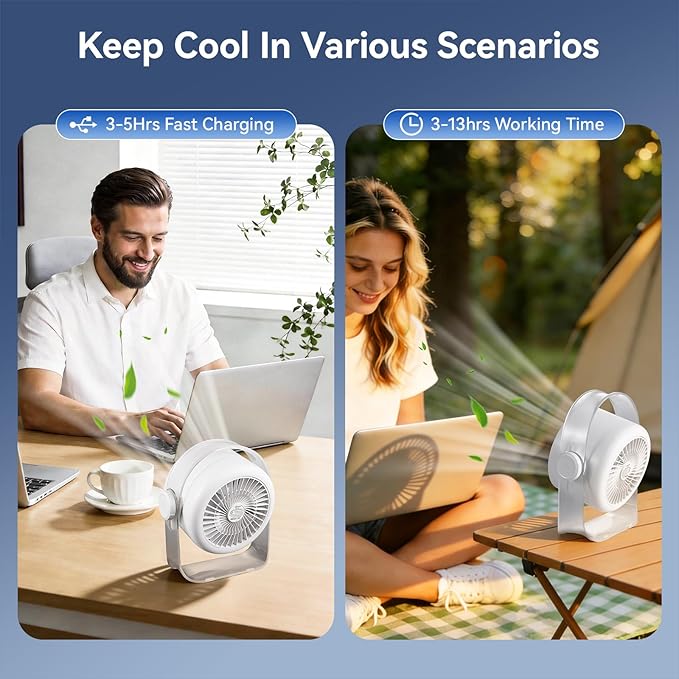 VAVOFO Desk Fan, Small Quiet LED Display Portable USB Fan, 180°Tilt, 100 Speeds, 5 Modes, Rechargeable 3600mAh Battery Operated Table Fans For Office, Bedroom, Outdoor（White）