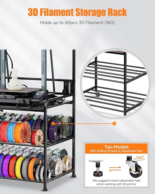 AHOWPD 3D Printer Rack Filaments Storage - Rolling 3d Printing Stand Filament Organizer, Spools Holder Racks Cart with Wheels, Heavy Duty Shelf Hold Spool PLA, ABS, PETG for Garage Office Workshop