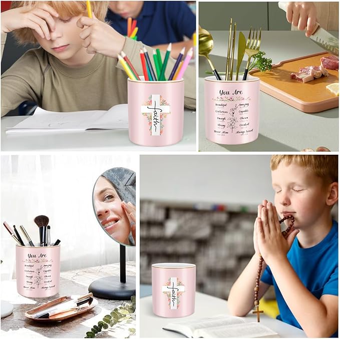 WAVEYU Ceramic Pen Holder for Desk Cute, Pencil Holder Cup, Makeup Brush Holder Pink, Multi-Functional Organizer for Office, Religious Style