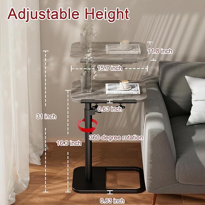 Height Adjustable Tv Trays Table for Sofa, Modern Angle Adjustable 360° Swivel and 180° Tilt Flip-Over Panel C Shaped Side Tables with Tablet Slots for Phone Computer (Grey)