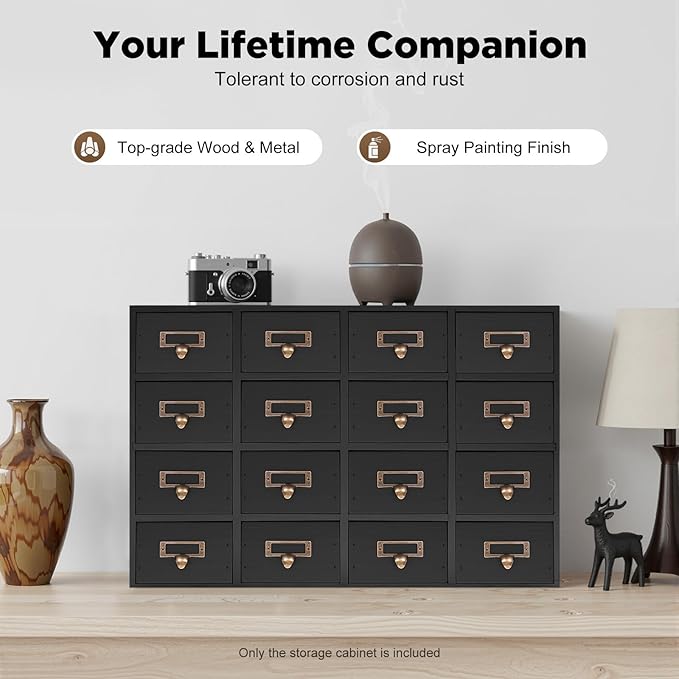 16-Drawer Wooden Desk Organizer Storage Box with Label Holders Vintage Wood Desktop Organizer, Desk Drawer Unit Collectors Box for Living Rooms, Bedrooms, Offices (Black, 1PC, 16 Drawers)