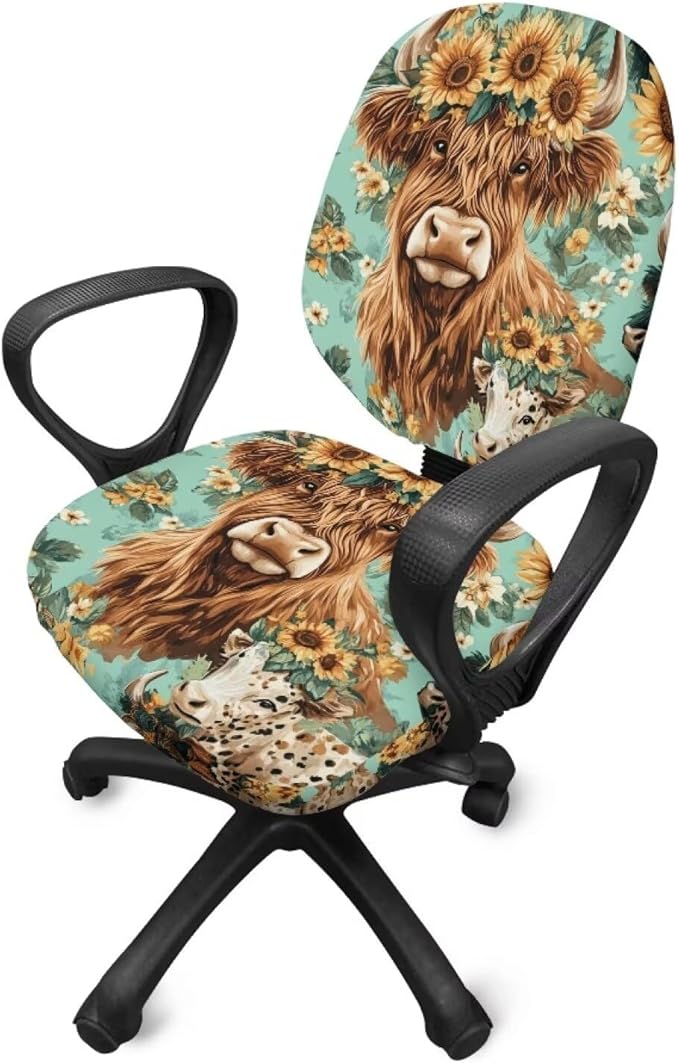 Highland Cow Office Chair Covers Stretchable Office Chair Seat Cover 2 Piece Sunflowers Gaming Chair Cover Universal Fit Wheelchairs,Computer Chairs,Gaming Chairs Brown