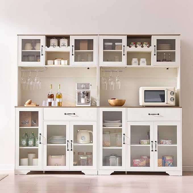 Fatmok 71" Pantry Cabinet with Wine Rack and Charging Station, Set of 2 Tall Coffee Bar Cabinets with LED Lights, Drawer, Adjustable Shelves, Kitchen Hutch Storage,Off-White