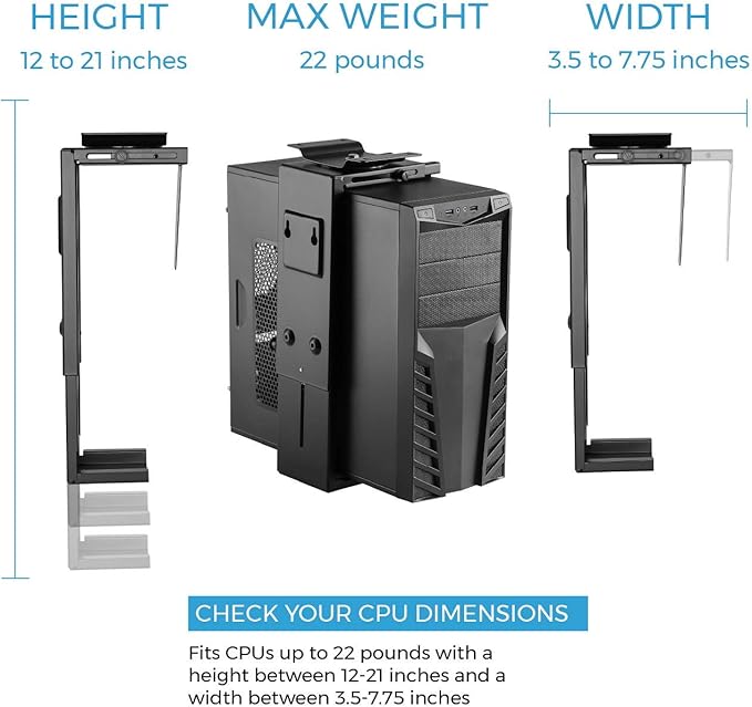 HumanCentric Adjustable Under Desk Computer Mount and Wall Mount, CPU Holder Fits Most PC or Computer Cases, Adjustable Height and Width, Full 360 Swivel, Up to 22 lb, Hardware Included