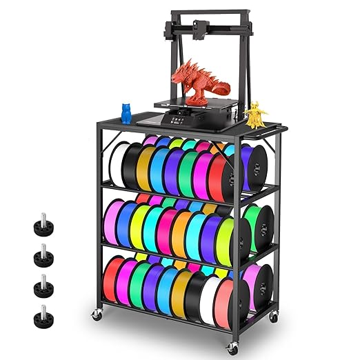 3D Printer Stand with Filament Storage Rack - 3D Printer Table Rolling Printer Cart on Wheels, Heavy Duty Metal Filament Spool Holder Organizer, 3D Printing Workstation for 48 Filament Spools (Black)