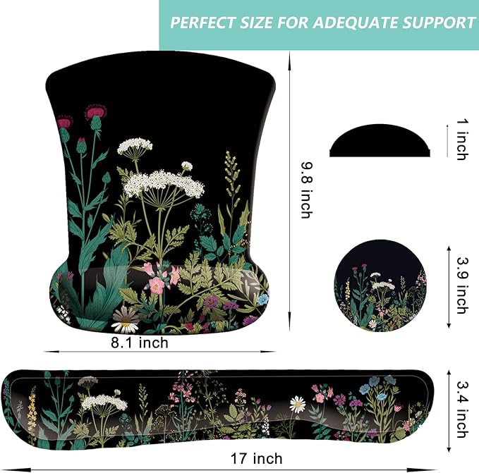 Keyboard Wrist Rest Pad Mouse Pad with Wrist Support Set of 3, Gaming Mousepad with Non-Slip Rubber Base, Ergonomic Memory Foam Mouse Cushion Support for Home Office Laptop Computer, Flowers Grass