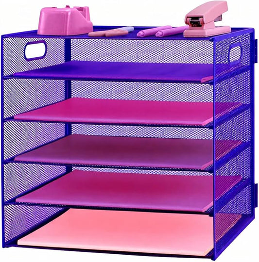 5 Tier Lettrer Tray Organizer, Metal Mesh Desk File Organizer with Sliding Trays, Paper Sorter Desk Organizer for Home Office School, Blue
