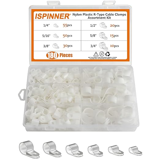 ISPINNER 180pcs Nylon Plastic R-Type Cable Clamps, 1/4" 5/16" 3/8" 1/2" 5/8" 3/4" Clips Fasteners Assortment Kit for Cable Conduit (White)