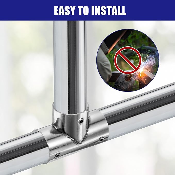 uxcell 6Pcs Tee Structural Pipe Connectors 3 Way End Rails Clamp with Wrench Stainless Steel Corner Pipe Fittings for DIY Shelf Garden Support 1" Fit Pipe Dia, Silvery