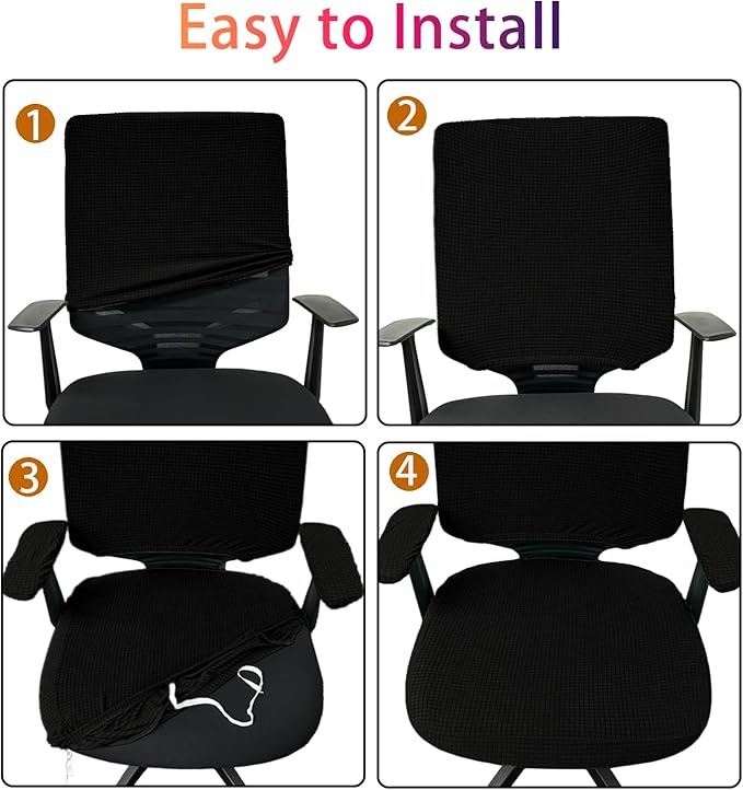 4Pcs Office Chair Covers Stretchable Set Desk Chair Cover Computer Chair Cover with 4 Non-Slip Elastic Straps Protective Armrest Slipcovers Pads Backrest Cushion for Rotating Chair (Black)