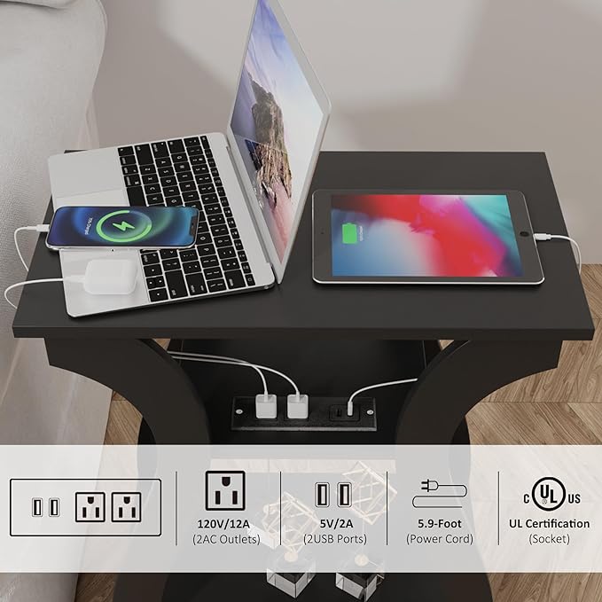 FROMJBEST End Table with Charging Station, Side Table with USB Ports and Outlets, Nightstand, 3 Tier End Table with Storage Shelf for Living Room, Bedroom (Black)