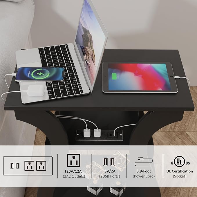 FROMJBEST Black End Table Set of 2 with Charging Station, Side Table with USB Ports and Outlets, Black Nightstand, 3 Tier End Table with Storage Shelf for Living Room, Bedroom