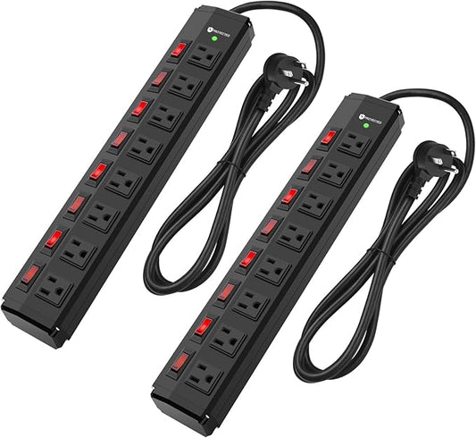 2PCS 8 Outlet Heavy Duty Power Strip with 8 Individual Switches,Moutable Metal Power Strip Surge Protector 1200 Joules,6FT 14AWG Extension Cord,15A 1800W 125V 60Hz