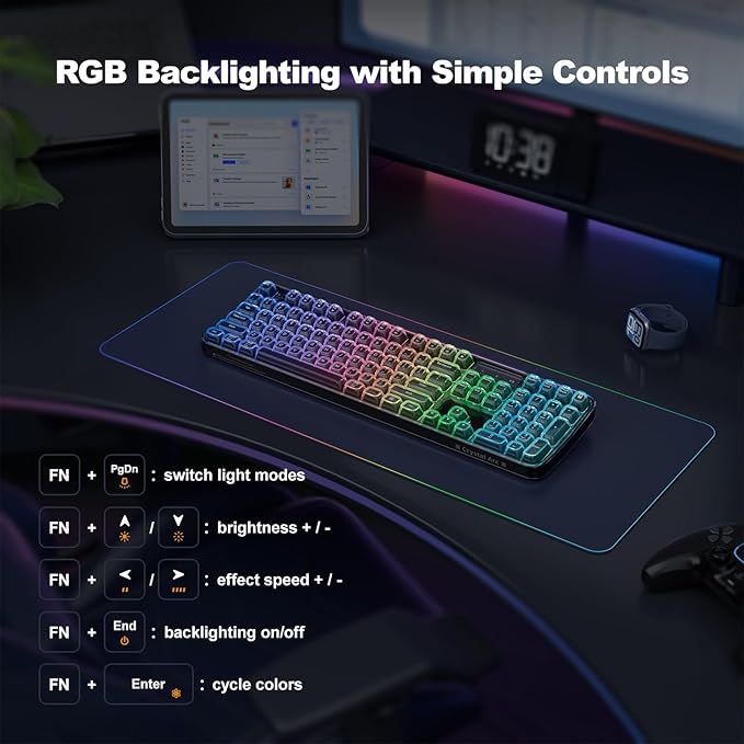 MOFII Clear Curved Ergonomic Wireless Keyboard, Tri-Mode Bluetooth5.0/2.4G/USB-C RGB Backlit Keyboard Rechargeable, Full-Size Computer Keyboards for Laptop/PC/Desktop/iPad/Smartphone/Smart TV, Black