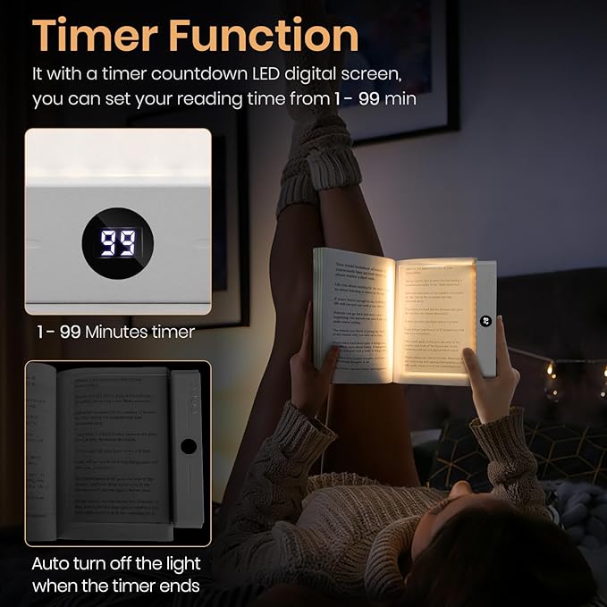 Flat Book Light, Rechargeable Clear LED Smart Reading Light with 3 Colors & Timer, Dimmable Full Page Panel Plate Lamp, Eye Protection, Portable Flat Reading Light for Bedside, Travel, Study (White)