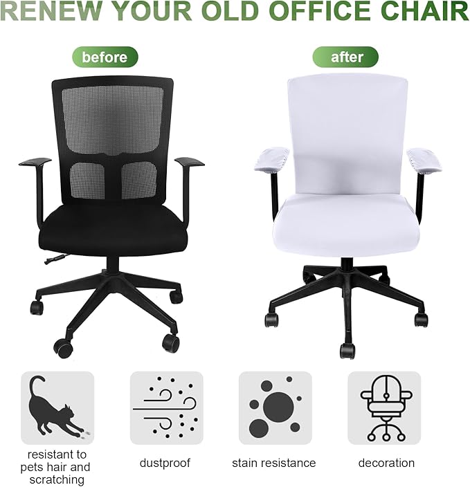 Tallew 4 Pcs Office Chair Covers Set Computer Universal Protective Stretchable Chair Seat Covers Desk Armrest Cover Pads Office Cushion Backrest for Rotating(Regular,White)