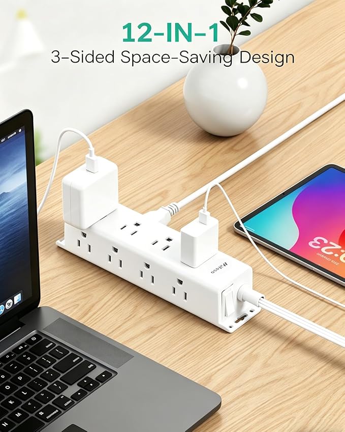 Surge Protector Power Strip - Widely Spaced Multi Outlets, Wall Mount, 3 Side Outlet Extender with Extension Cord, Flat Plug, Overload Protection, Home Office Dorm Room Essentials (5FT, White)