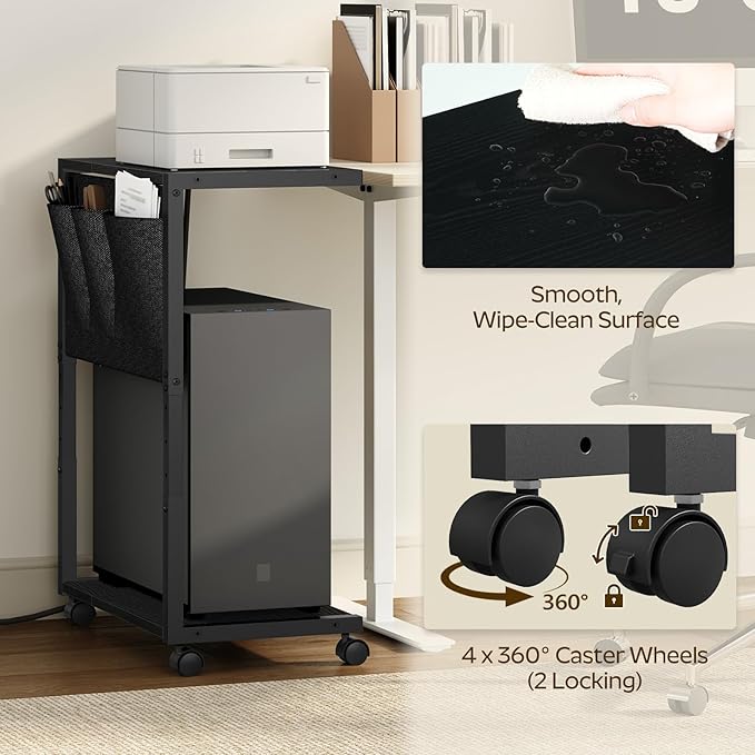 YATINEY PC Stand, Computer Tower Stand with Charging Station, Height Adjustable PC Tower Stand for Floor, 2 Tier Computer Cart On Wheels, 23.1" -29" H,19.7" L x 11" W, for Home Office, Black CJ60BB