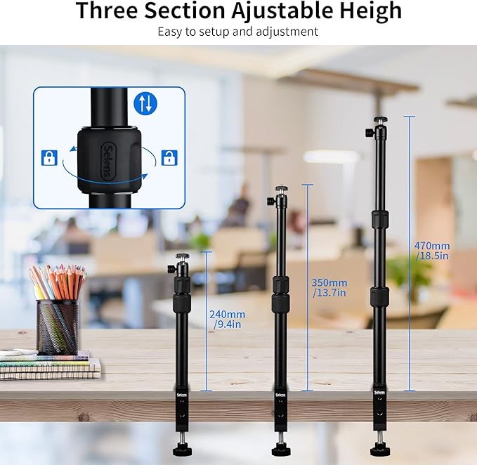 Selens Tabletop Camera Desk Mount Stand, 9.4"-18.5" with 1/4" Ball Head, Adjustable Desktop Stand Mount for DSLR Camera, Ring Light, Live Streaming, Video Studios