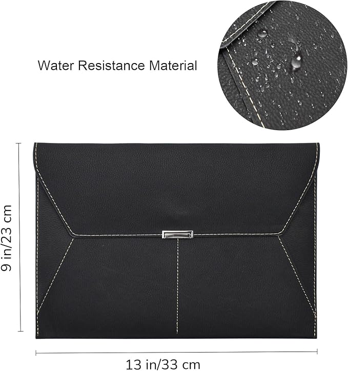 VANRA File Folder Document Holder Organizer Waterproof Portfolio Leather Folder Case with 3 Pockets, Filing Envelopes for A4 Letter Size Paper with Snap Magnetic Button Closure (Black)