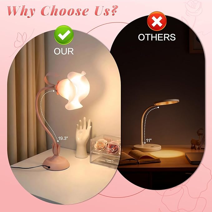 Flower Desk Lamp, 3 Color Modes LED Reading Light,Silicone Flexible Arm Book Light for Reading, Cute Bedside Table Lamp Bedroom Living Room Decor, Perfect Mother's day Valentine‘s Birthday Gift