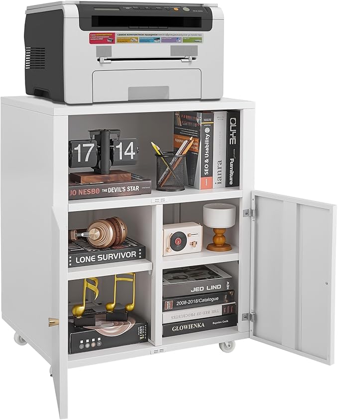 Heavy Duty Rolling Printer Cabinet with 2 Doors & Storage Shelf, Under Desk 3D Printer Stand, Mobile Metal File Cabinet for Garage Home Office, Small Spaces & Workshop White