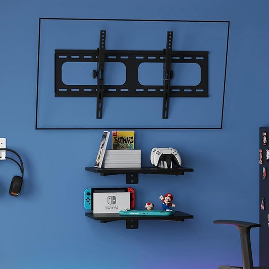 3-in-1 TV Wall Mount & Floating Shelves Kit, Fits 37–75" TVs, Wall-Mount TV Bracket with 2 Wooden Shelves, Max VESA 600×400 mm, for Living Room, Game Room, Bedroom