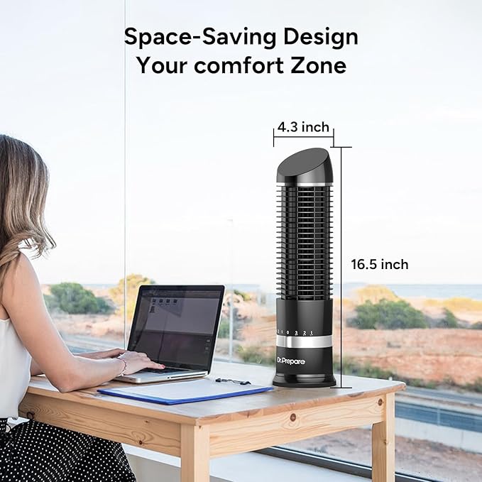 DR.PREPARE 16" Small Tower Fan, 3 Speeds with 60° Oscillating Fan, Bladeless Tabletop Fans for Indoors, Portable Personal Table Fans for Office, Desktop