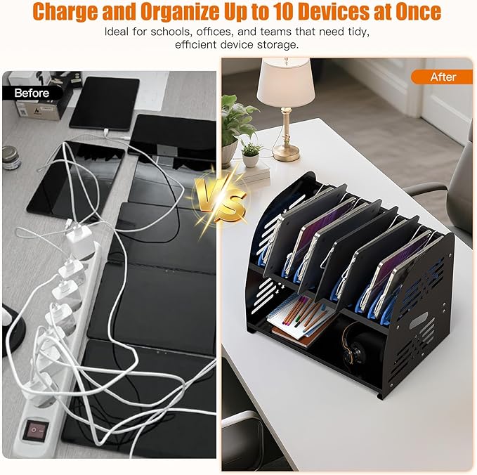 10-Device Charging Station with Power Strip – Open Charging Cabinet for Chromebooks, Laptops & Tablets up to 14” – Classroom Organization for iPads, Tablets & More, Ideal for Schools & Offices