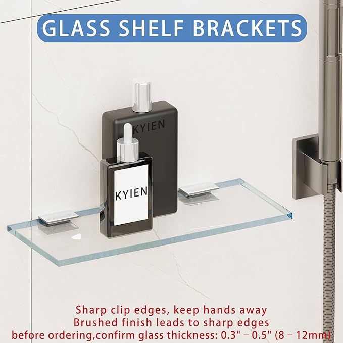 2Pcs Stainless Steel Glass Shelf Clip Clamp Bracket Support Adjustable 304 Stainless Steel Brushed Finish Glass Clip Shelf Brackets Holder Support 0.3" to 0.5"/ 8 to 12mm Thick