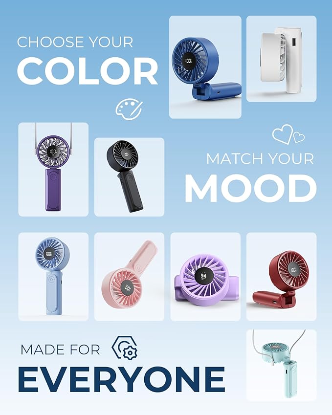 Handheld Fan, Portable Fan, 4000mAh Rechargeable Personal Fan, 180° Foldable Mini Desk Fan with 6 Wind Speed, LCD Digital Display, Lanyard as Neck Fan, Ultra Quiet, Pocket Size for Indoor Outdoor