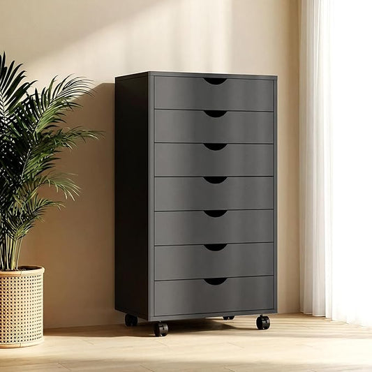 7 Drawer File Cabinet, Under Desk Storage Organization with Wheels, Mobile Filing Chest for Small Desk Printer Stand for Home Office, Black