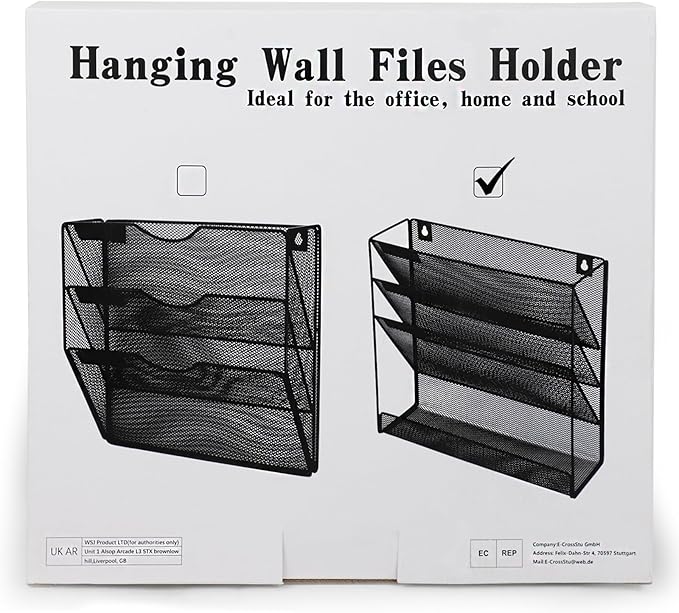 3 Pockets Mesh Wall File Holder Organizer with Bottom Flat Tray, Office Hanging File Folder Magazine Rack, Nametag Label Hooks Set Included, Black