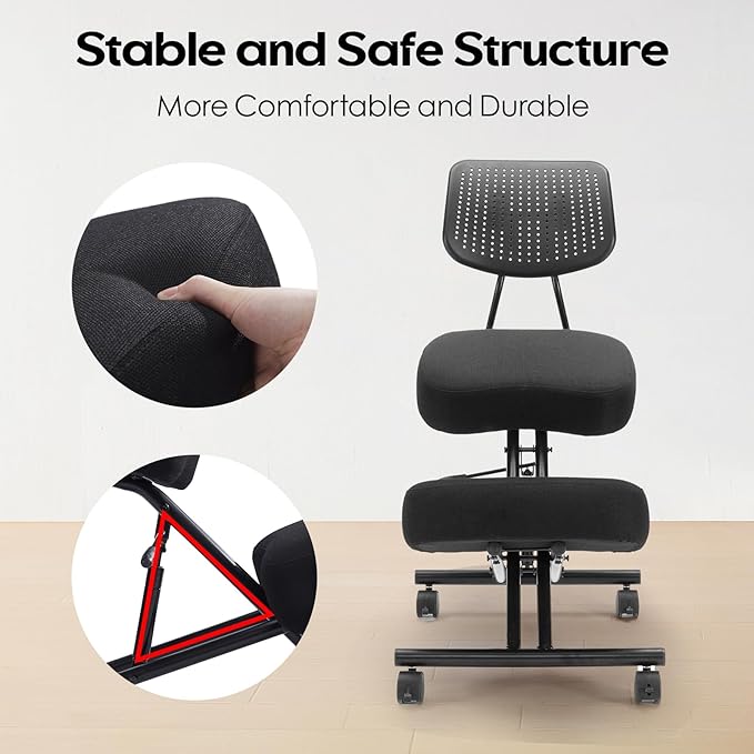 Kneeling Chairs with Backrest Linen Ergonomic Home Office Chair Adjustable Height Seat Rolling Wheels Comfort Thick Cushion Work Stool Improve Posture Chair