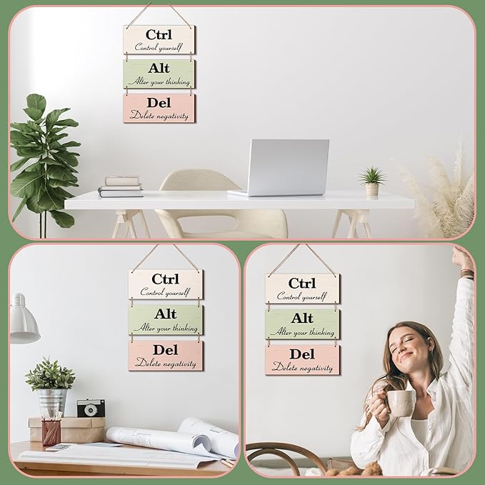 Qunclay 3 Pcs Office Wall Decor Boho Leaves Wood Rustic Hanging Cubicle Decor Summer Inspirational Ctrl Alt Del Sign Decoration for Bathroom Indoor Home Living Room