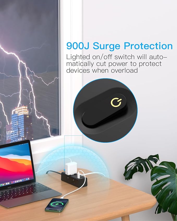 10Ft Extension Cord with Multiple Outlets, Flat Plug Power Strip Surge Protector with 10 Ft Long Cord, 6 Outlet 3 USB Ports (1 USB C), Multi Outlet Wall Plug for Travel, Dorm Room Essentials-Black