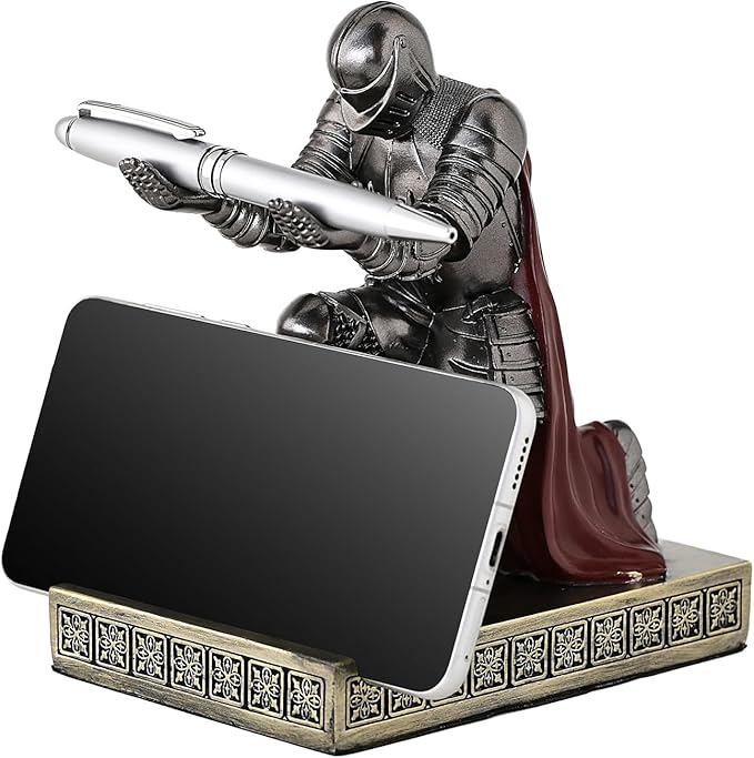 Windbreaker Soldier Knight Pen Holder Personalized Desk Accessory, Mobile Phone & Gaming Controller Holder, Device Stand Gift for Medieval Enthusiasts (Iron)