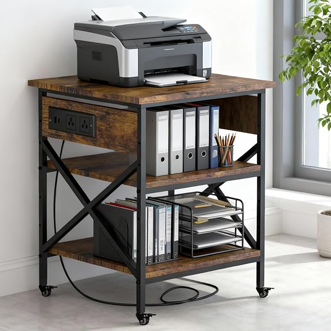 Large Printer Stand with Power Outlet 3 Tier Adjustable Shelves Mobile Cart with Industrial Casters 23.6 x 23.6 x 30 Inches for Home Office Rustic Brown