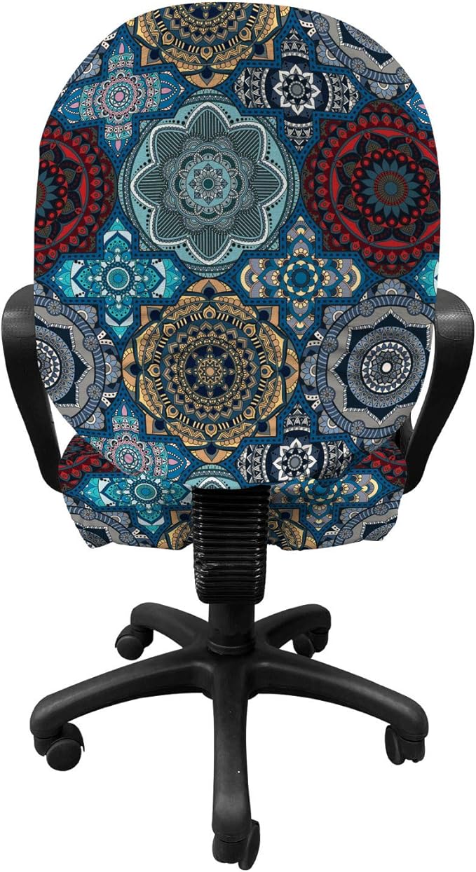Ambesonne Moroccan Office Chair Slipcover, Patchwork Style Vintage Ottoman Inspiration Retro Motifs, Protective Stretch Decorative Fabric Cover, Standard Size, Brown Blue
