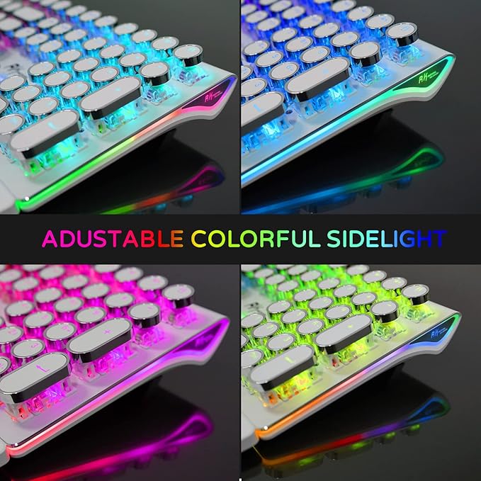 RK ROYAL KLUDGE S108 Typewriter Gaming Keyboard, Retro RGB Mechanical Keyboard, Full Size Wired Keyboards with Number Pad and Detachable Wrist Rest, Round Keycaps, Clicky Blue Switches White
