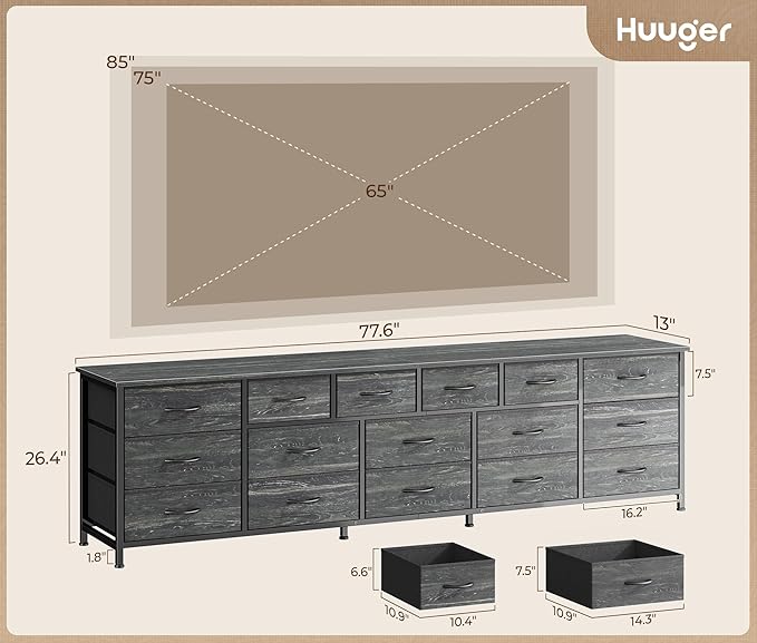 Huuger 77.6" Long Dresser for Bedroom, 16 Drawer Fabric Dresser for Closet, Wide Chest of Drawers with Storage, TV Stand for 65, 75, 85 Inch TV, 77.6" W x 12.9" D x 26.7" H, Charcoal Black