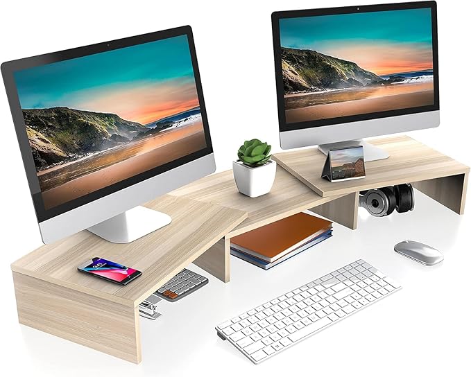 FITUEYES Dual Monitor Stand – 3 Shelf Computer Monitor Riser, Wood Desktop Stand with Adjustable Length and Angle, Desk Accessories, Office Supplies Medium Oak, DT108006WO