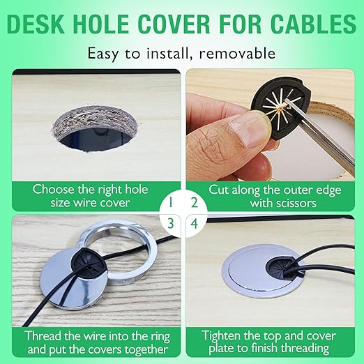 EASYEAH 2 Pcs Desk Grommet 2" / 50 mm, Desk Cord Hole Cover, Cable Grommet Metal Zinc Alloy Materilal, Desk Hole Grommet for Home & Office Pc, Detachable Cable Cord Organizer-Flat Black